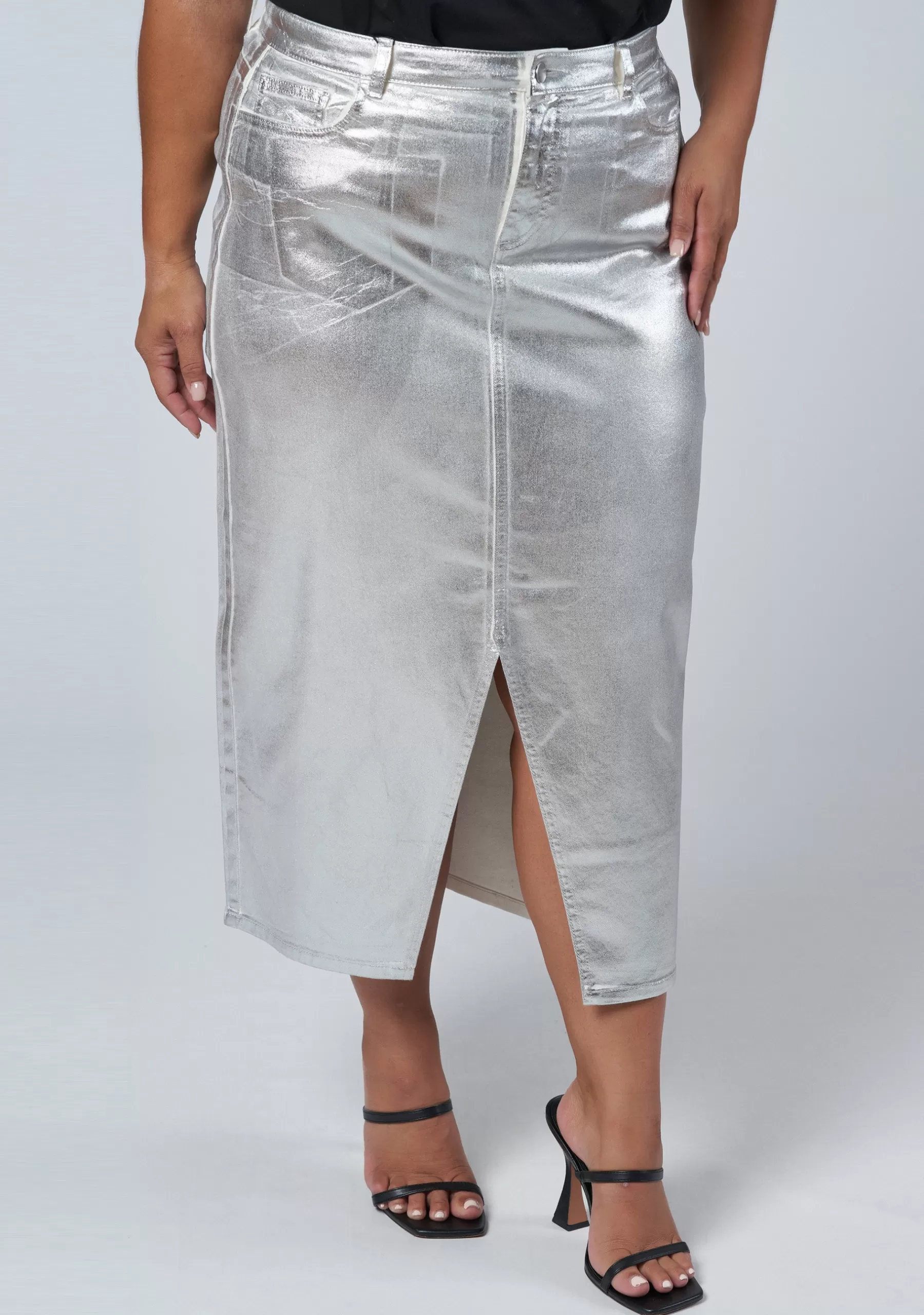 Curve Project Denim | Midi Skirts>Peaches Silver Denim Midi Skirt