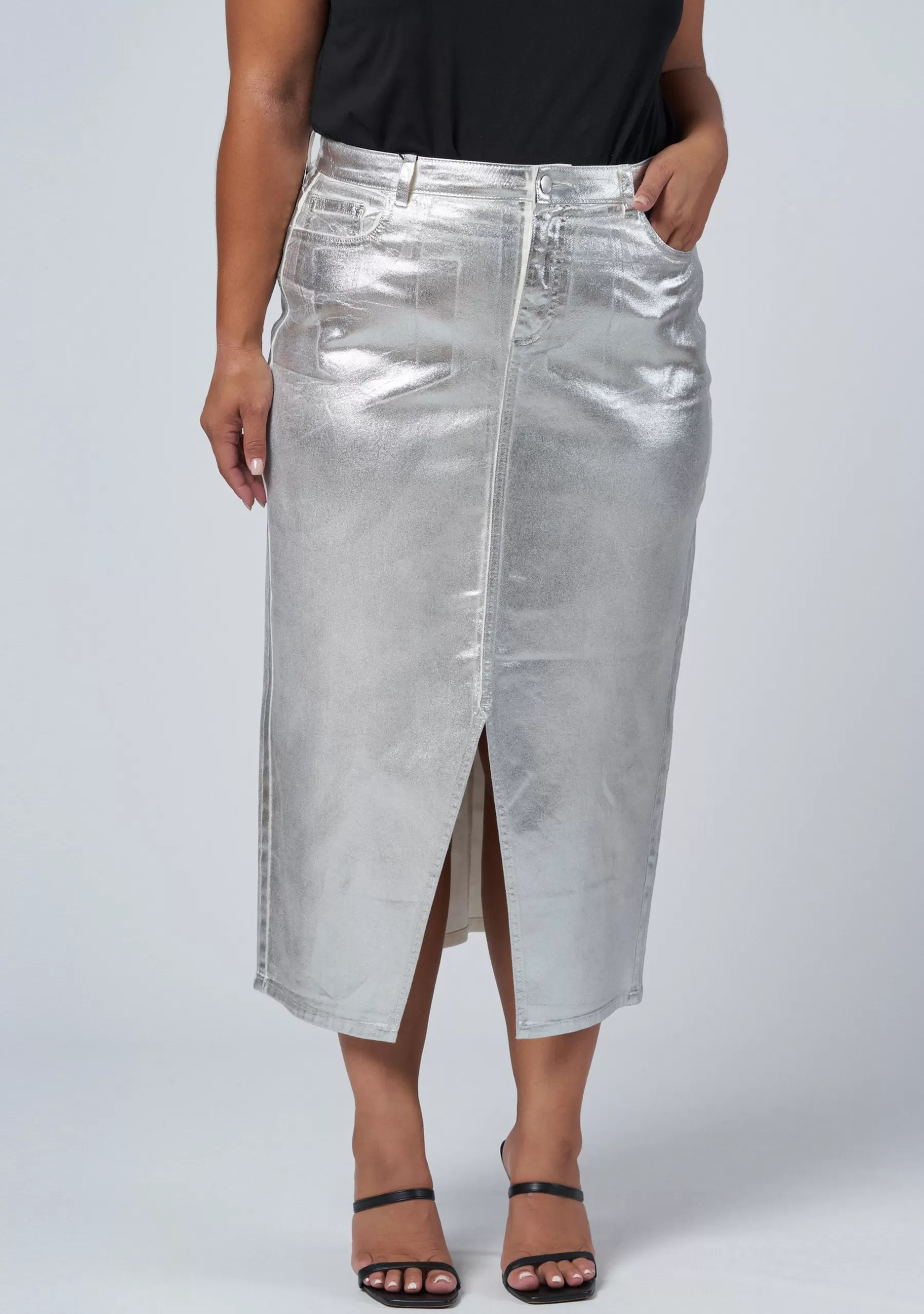 Curve Project Denim | Midi Skirts>Peaches Silver Denim Midi Skirt